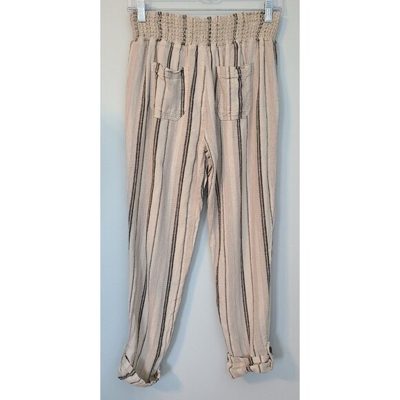 Sincerely Jules Womens M Tan Striped Roll Tab Hem Cuffed Linen Blend Pants Boho - Picture 2 of 15